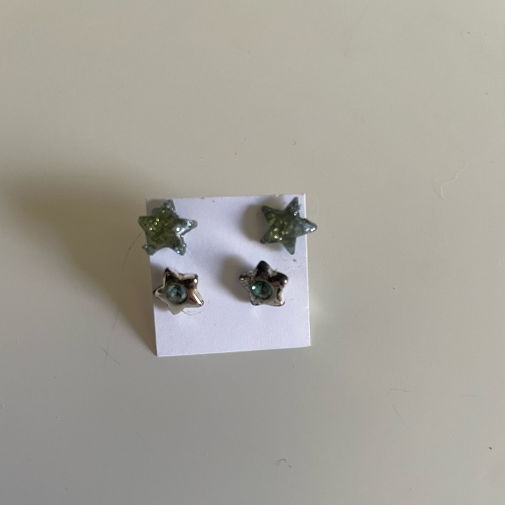 Green Star Stud Earring Set - Glitter & Metal Stars